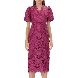 Adelyn Rae Eyelet Embroidered Puff Short Sleeve V-Neck Midi Cranberry Dress S